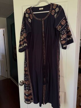 Velzera Navy Patterned Midi Cotton Embroidered Dress • 2XL